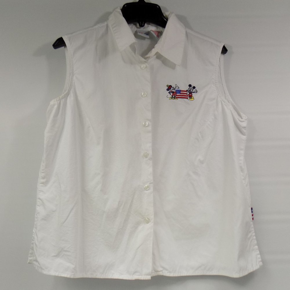 Disney White Sleeveless Collared Cotton Button Front USA Flag Top Size XL - Picture 1 of 5